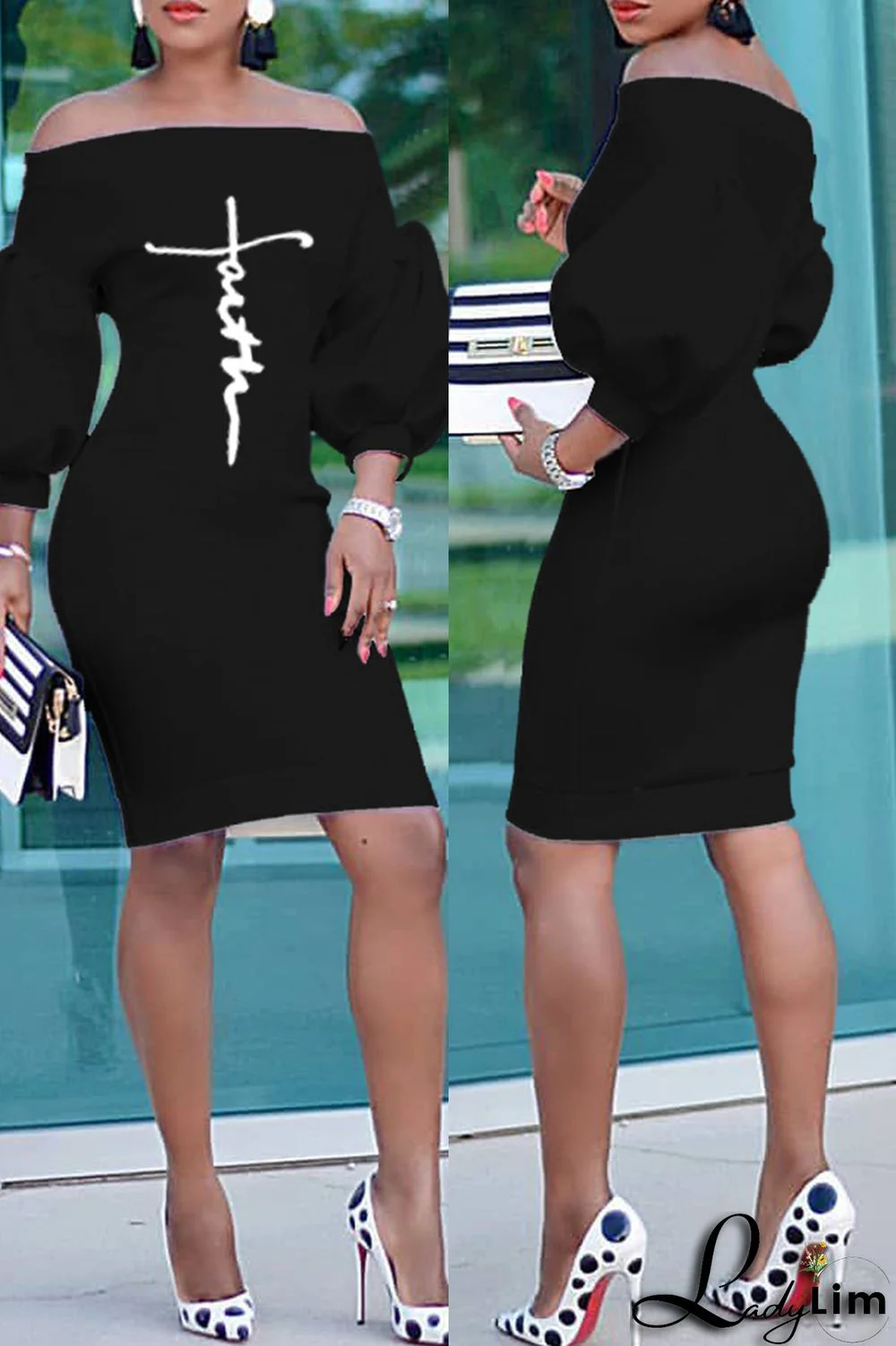 Burgundy Fashion Casual Print Basic Off the Shoulder Long Sleeve Dresses