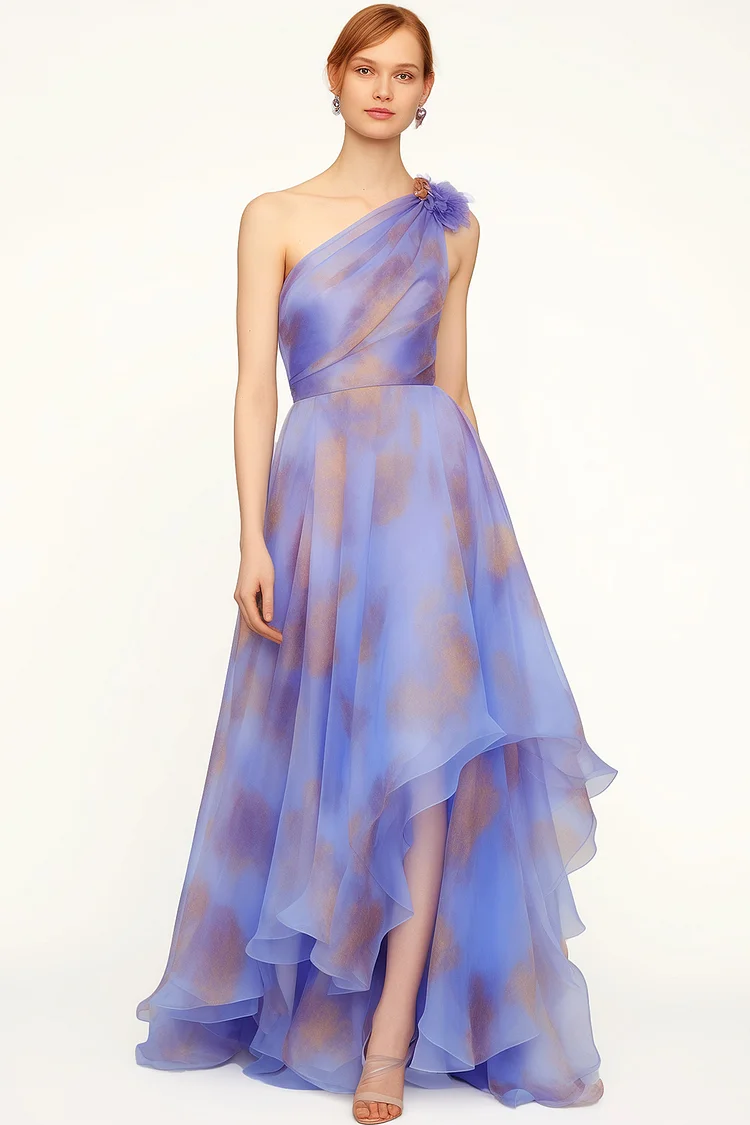 Zaruci Wedding Guest Purple Organza One Shoulder Tie Dye Asymmetrical Maxi Dress [Pre-Order]