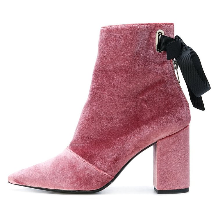 Pink Velvet Boots Pointy Toe Back Tie Chunky Heel Ankle Boots |FSJ Shoes