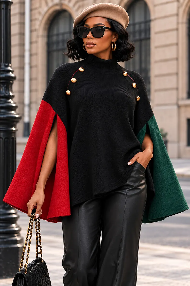 Xpluswear Design Plus Size Christmas Black Colorblock Stand-Up Collar Long Sleeve Split Contrast Crochet Sweaters [Pre-Order] 2024 - Xpluswear