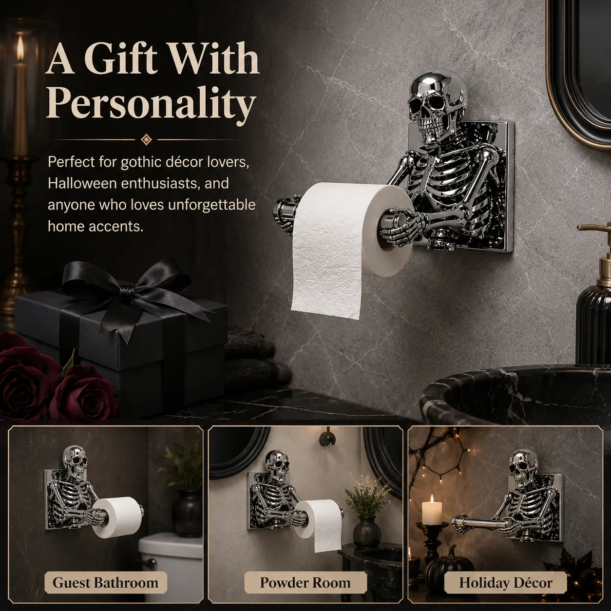 Polished silver skeleton toilet paper holder