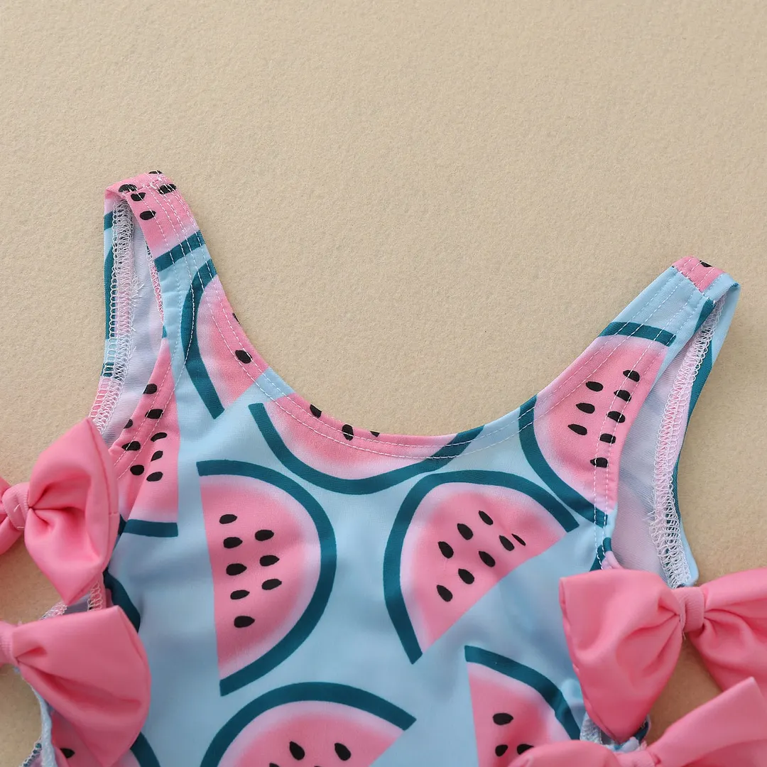 Newborn One-piece Swimsuit, Baby Girl Watermelon Print U-shaped Neck Swimwear with Bowknot 0-4T