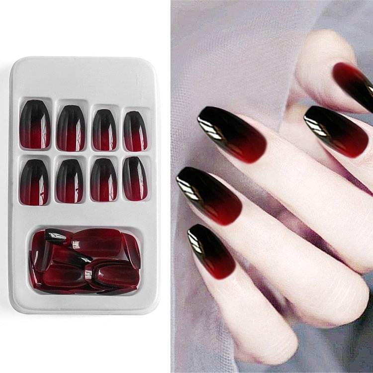 24pcs/Set European Long Coffin Fake Nails Pre-design Black Red Gradient Ballerina Artificial Nail Art Tips False Nails with Glue