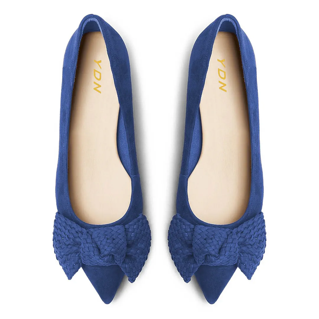 Cute Blue Vegan Suede Pointed Toe Woven Bow Decor Pumps Heels