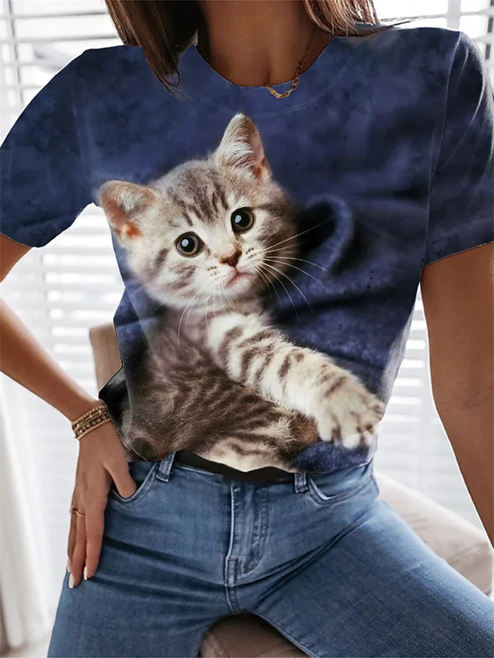 Summer T-shirt Cat 3D Round Neck Short-sleeved Top T-shirt Blue Purple Green