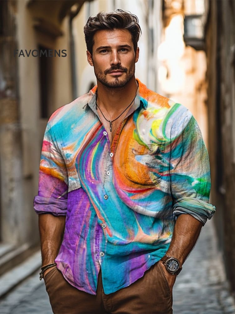 Vintage Mixed Pigment Stripe Print 100% Cotton Long Sleeve Shirt Multicolor / S