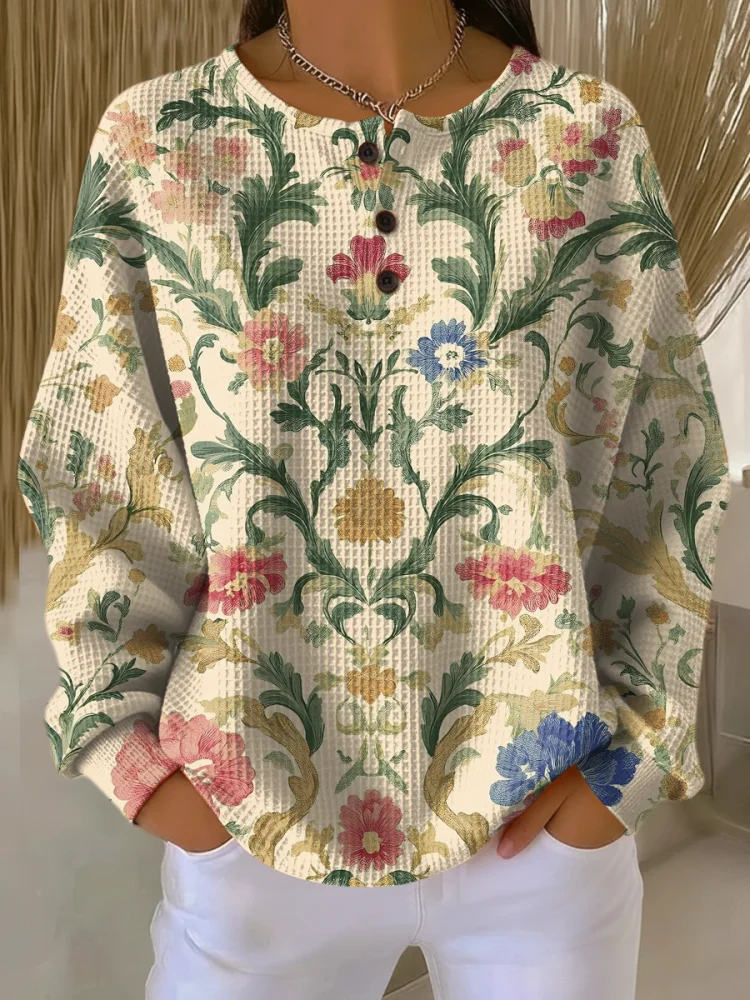 Women's Simple Retro Flowers Floral Pattern Art Print Casual Cotton Shirt