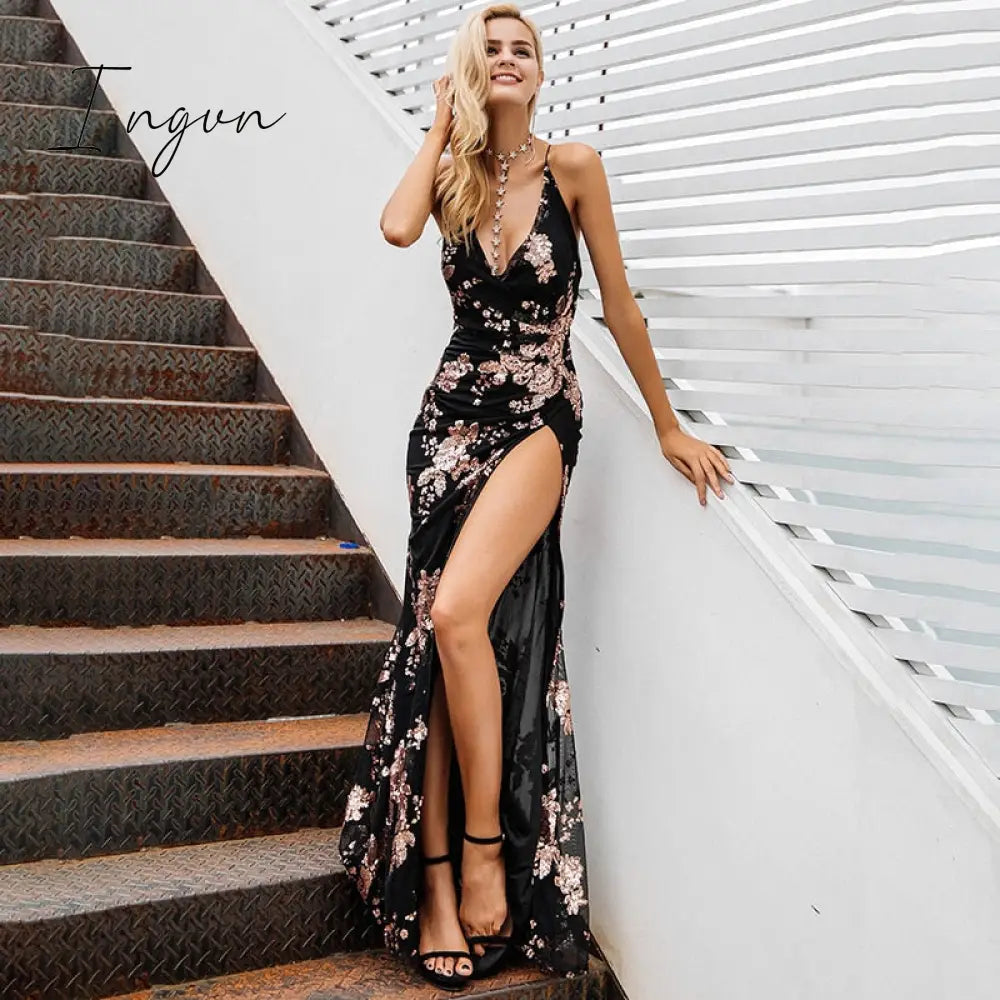 Ingvn - Fashion Trends Sexy Lace Up Halter Sequin Party Dresses Women High Split Maxi Dress Festa