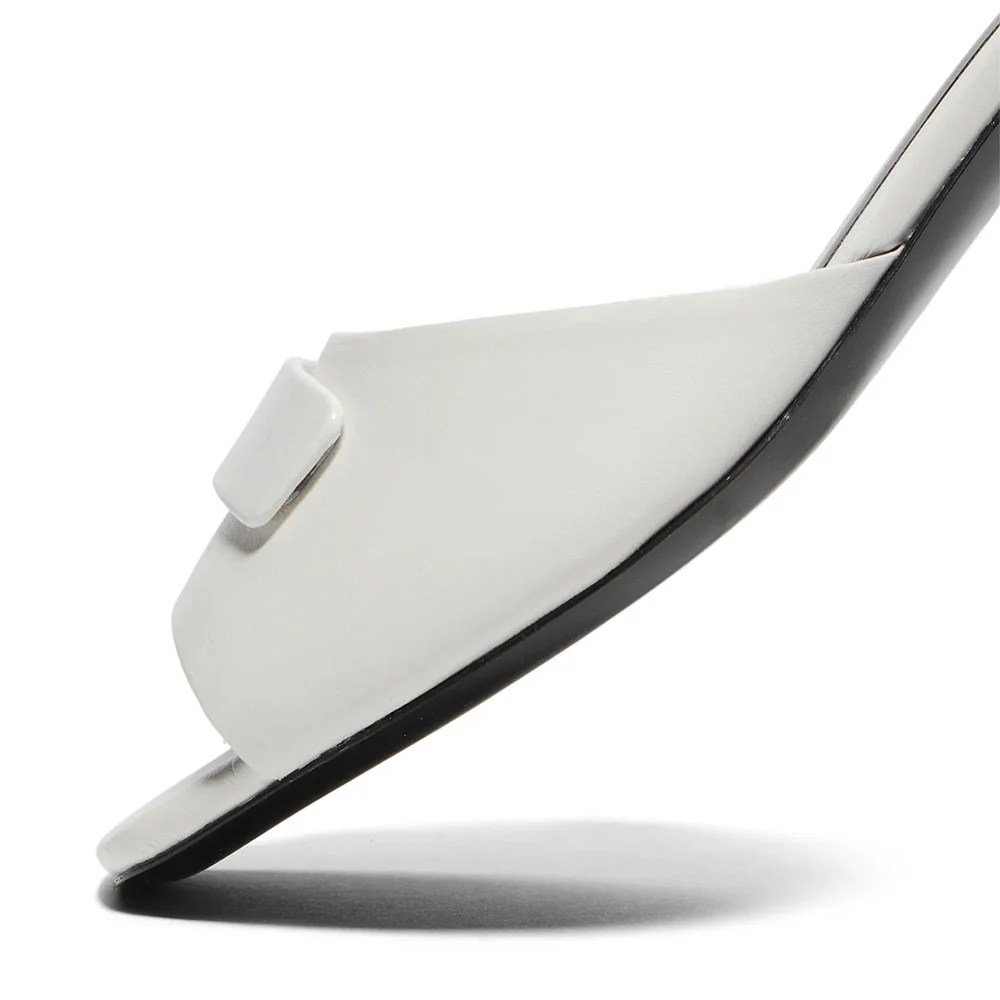 White Vegan Leather Wide Strap Square Toe Cone Heel Mules Shoes