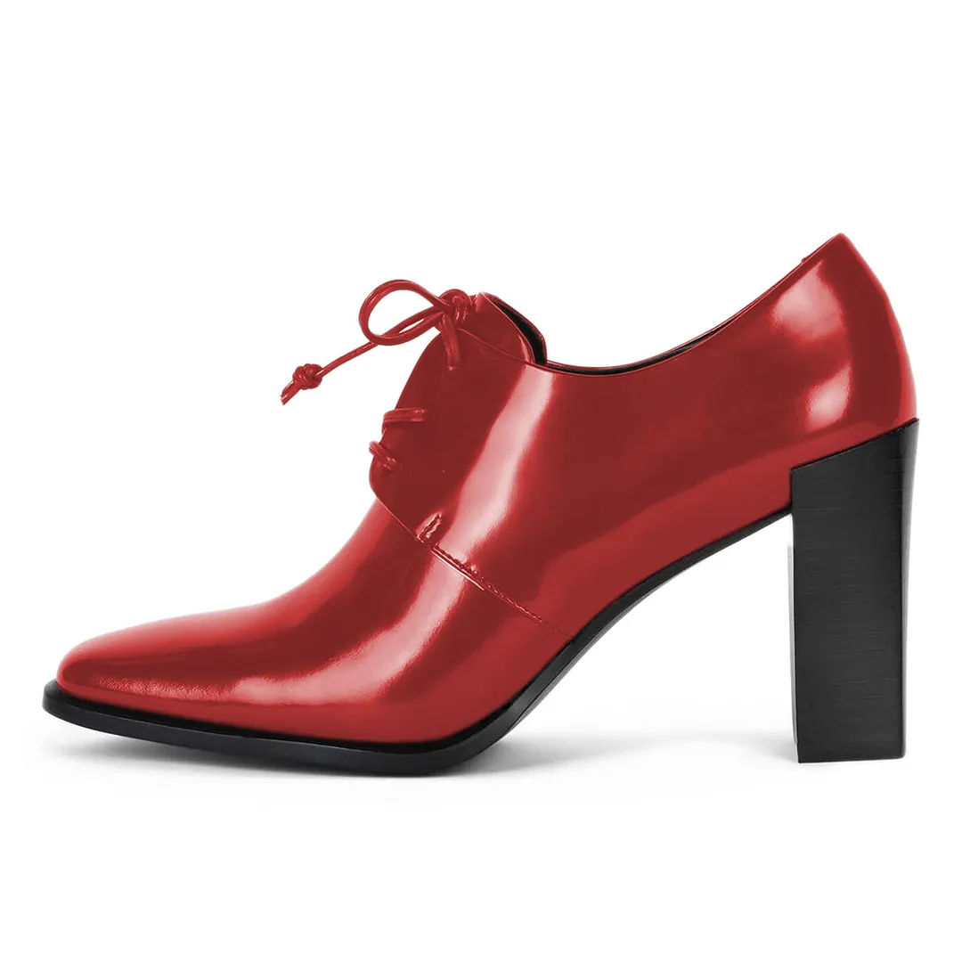 YDN Simple Red Patent Leather Square Toe Tie-Up Oxford Heels