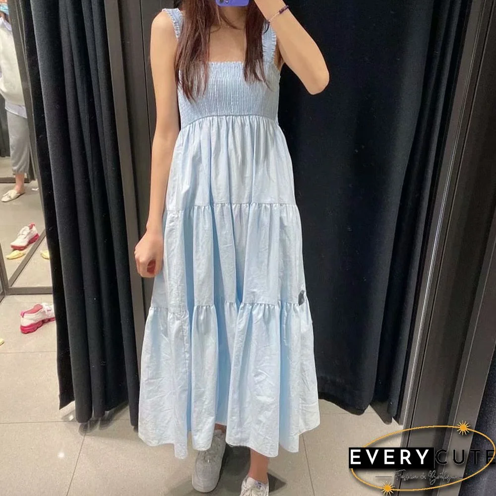 New Summer Woman Elegant Ruched Sleeveless Beach Midi Backless Dress Pink Pleated Long Casual Dresses Ladies