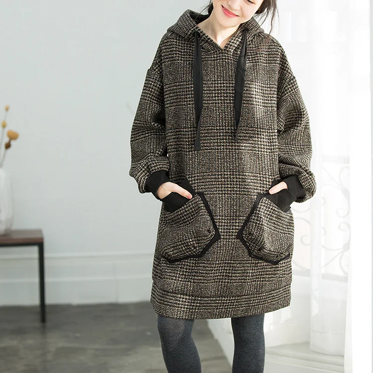 Chic Plaid Cotton Tunics Sweets Shape hooded oversized spring Dresses