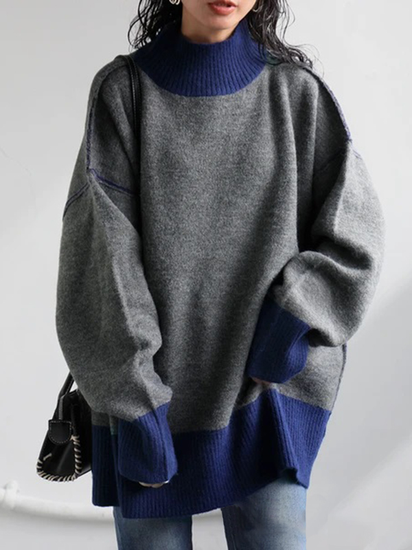 Loose High Neck Color Matching Knitwear