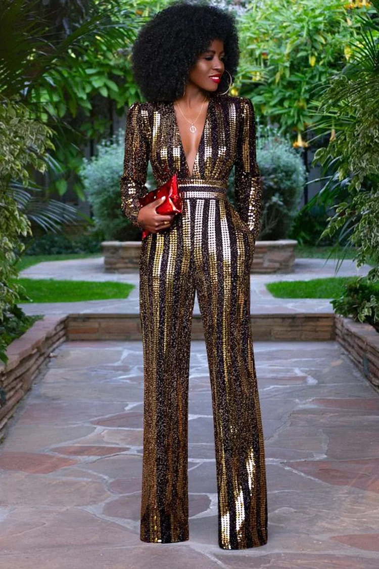 Deep V Neck Striped Sequin Tunic Jumpsuit-Gold 