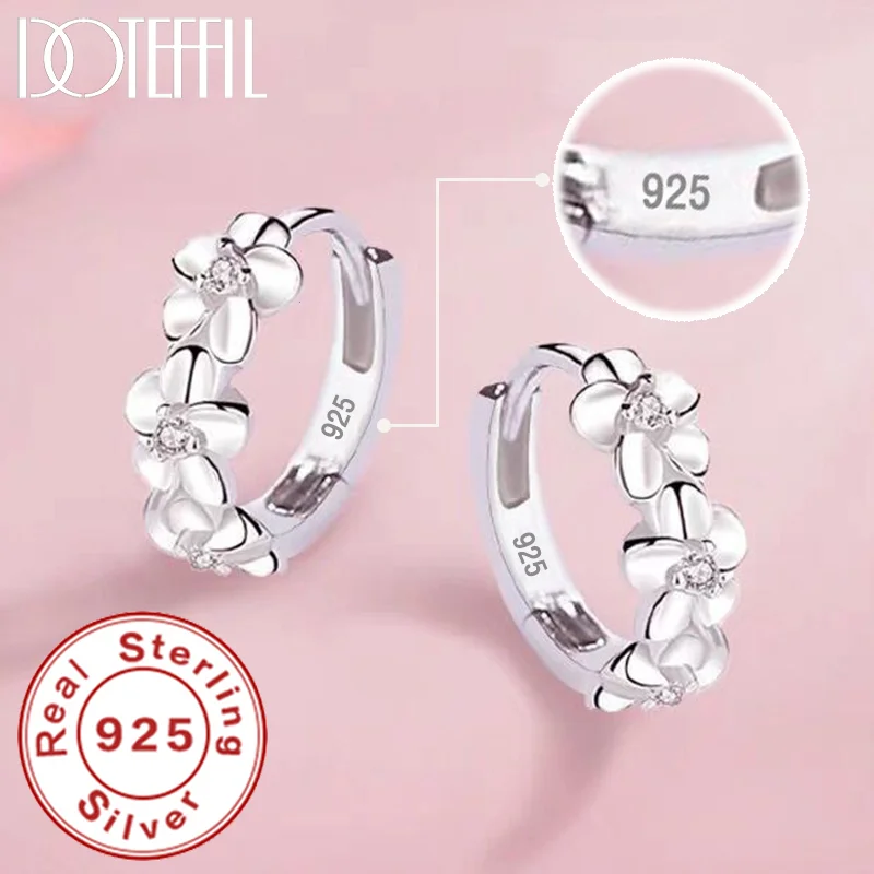 DOTEFFIL 925 Sterling Silver Small Rose Flower Round Hoop Earring AAA Zircon For Women Jewelry