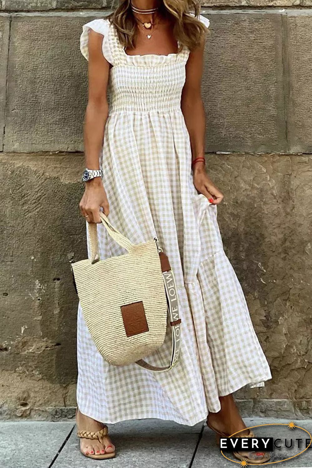 Khaki Plaid Ruffled Sleeve Smocked Maxi Dress