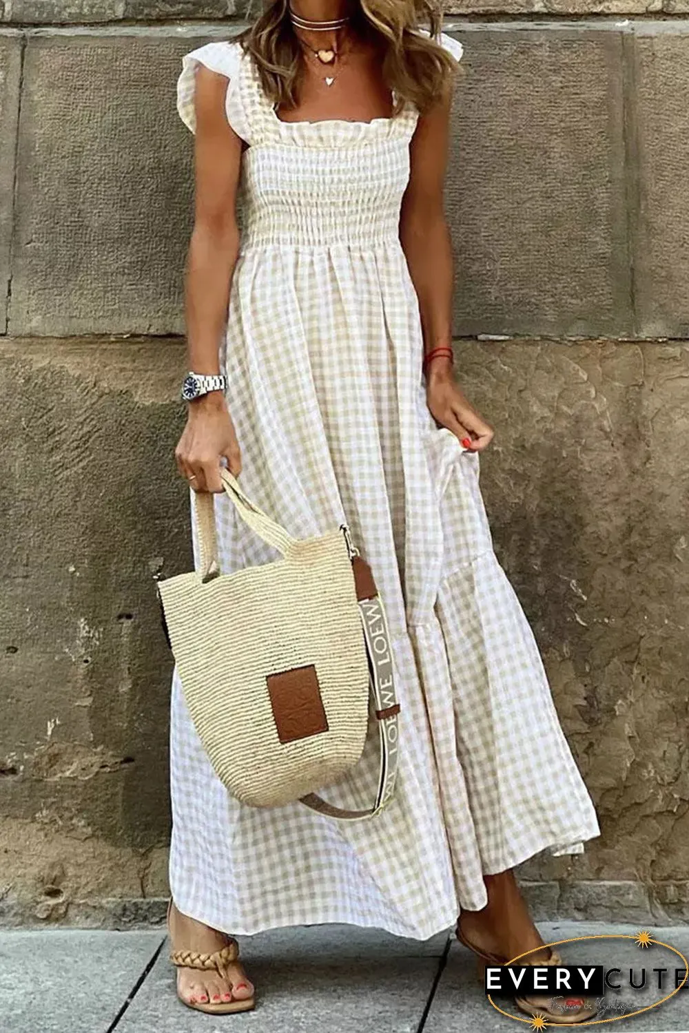 Khaki Plaid Ruffled Sleeve Smocked Maxi Dress