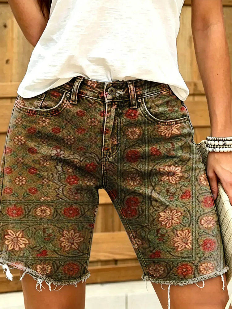 Women's Vintage Floral Print Denim Shorts