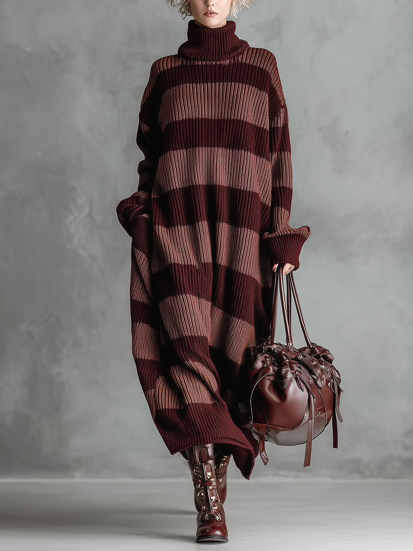 Women's Elegant And Stylish Deep Red And Pink Striped Lapel Long-sleeved Knit Dress MDA2757K3AN