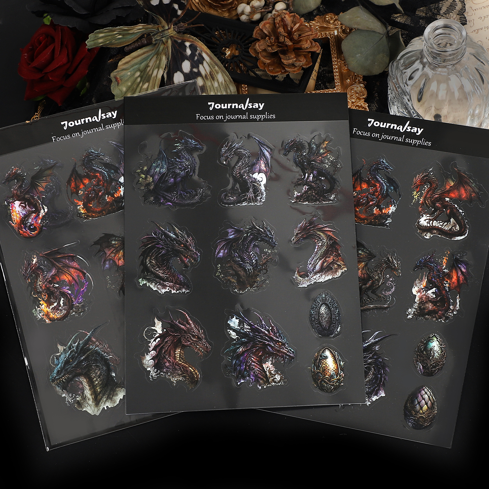 PET 스티커 - 2매 빈티지 고딕 다크 드래곤 알 풍경