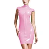 High Neck Wetlook Bodycon Mini Dress Women Short Sleeve Turtleneck Slim PVC Dress Ladies Full Zipper Dress Plus Size Clubwear