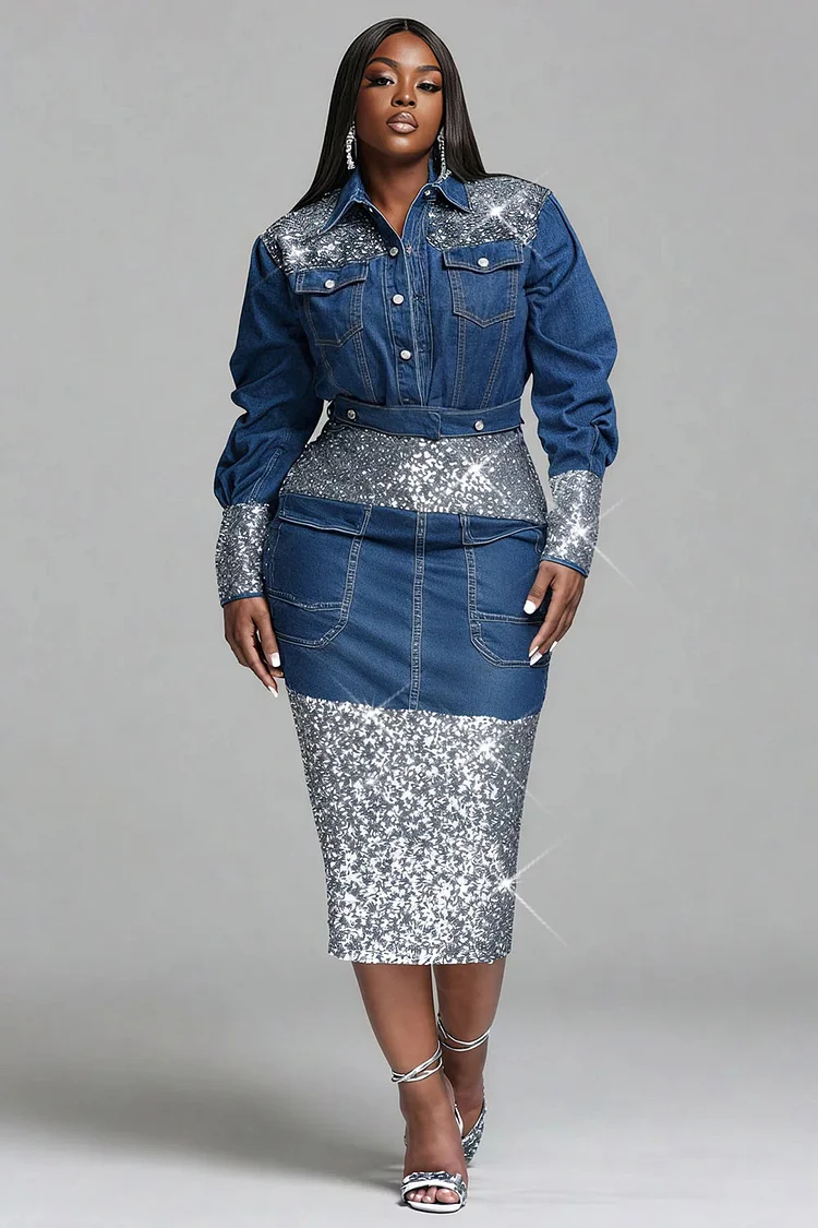 Xpluswear Design Plus Size Party Sequin Blue Shirt Collar Long Sleeve Contrast Casual Sequin Denim Two Piece Skirt Sets 2024 - Xpluswear