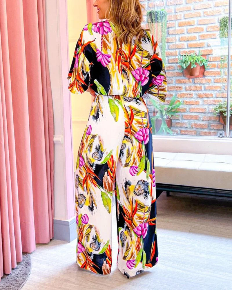 Printed V-neck Short Sleeve High Waist Jumpsuit