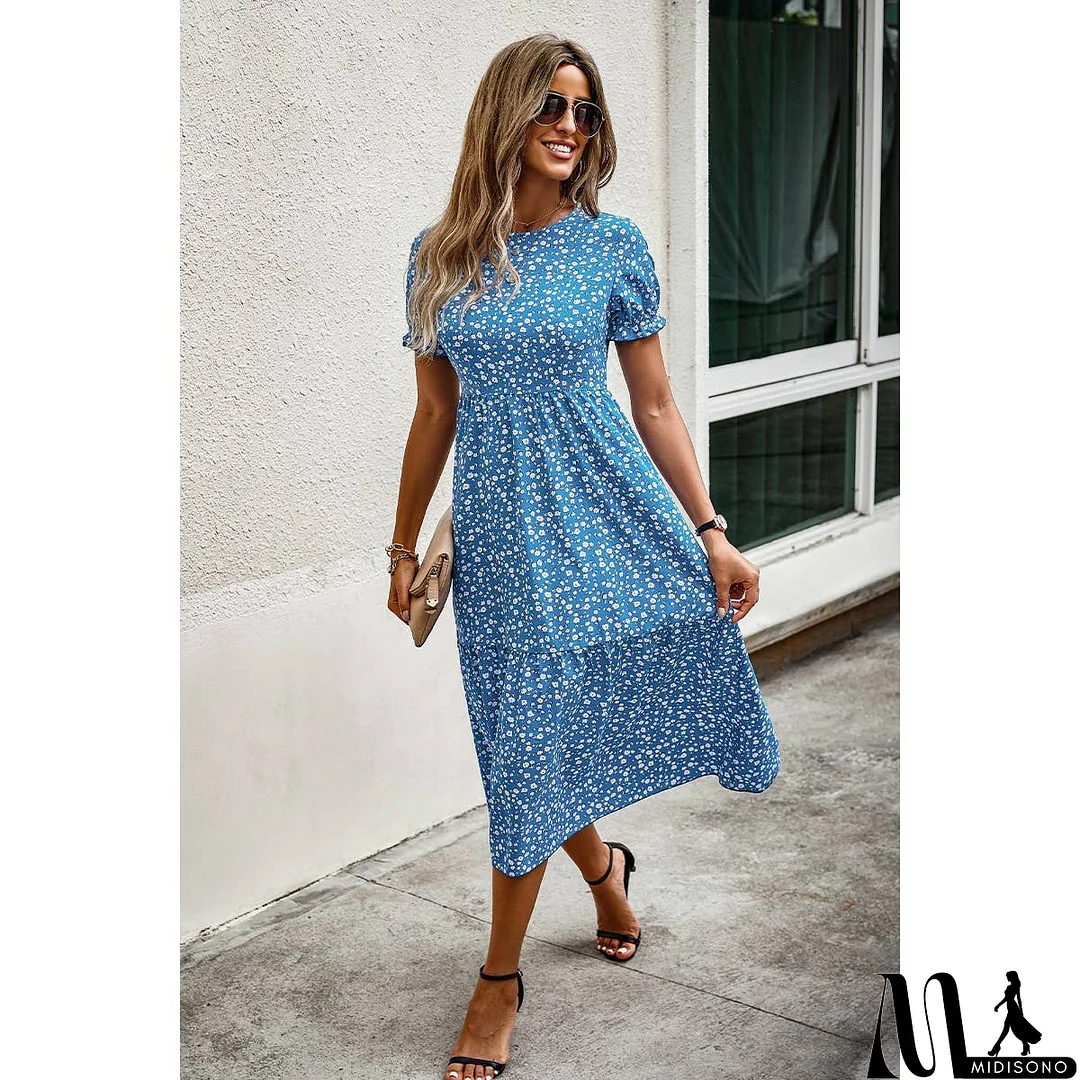 MidiSono - Floral Print Round Neck Color Block High Waist Fit Dress