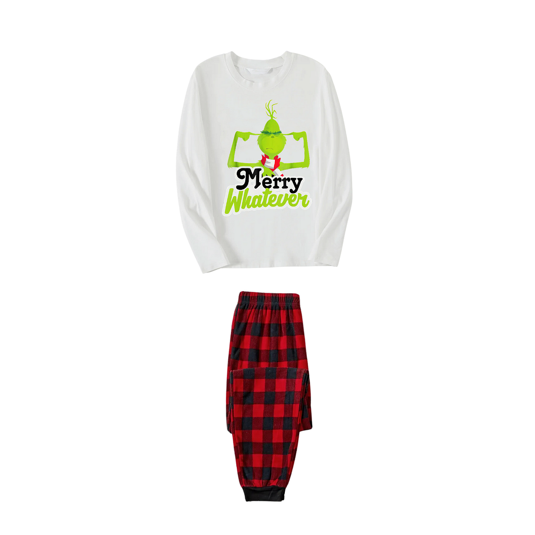 Funny Cartoon Pattern and "Merry Whatever" Printed Red & Black Plaid Family Matching Pajamas