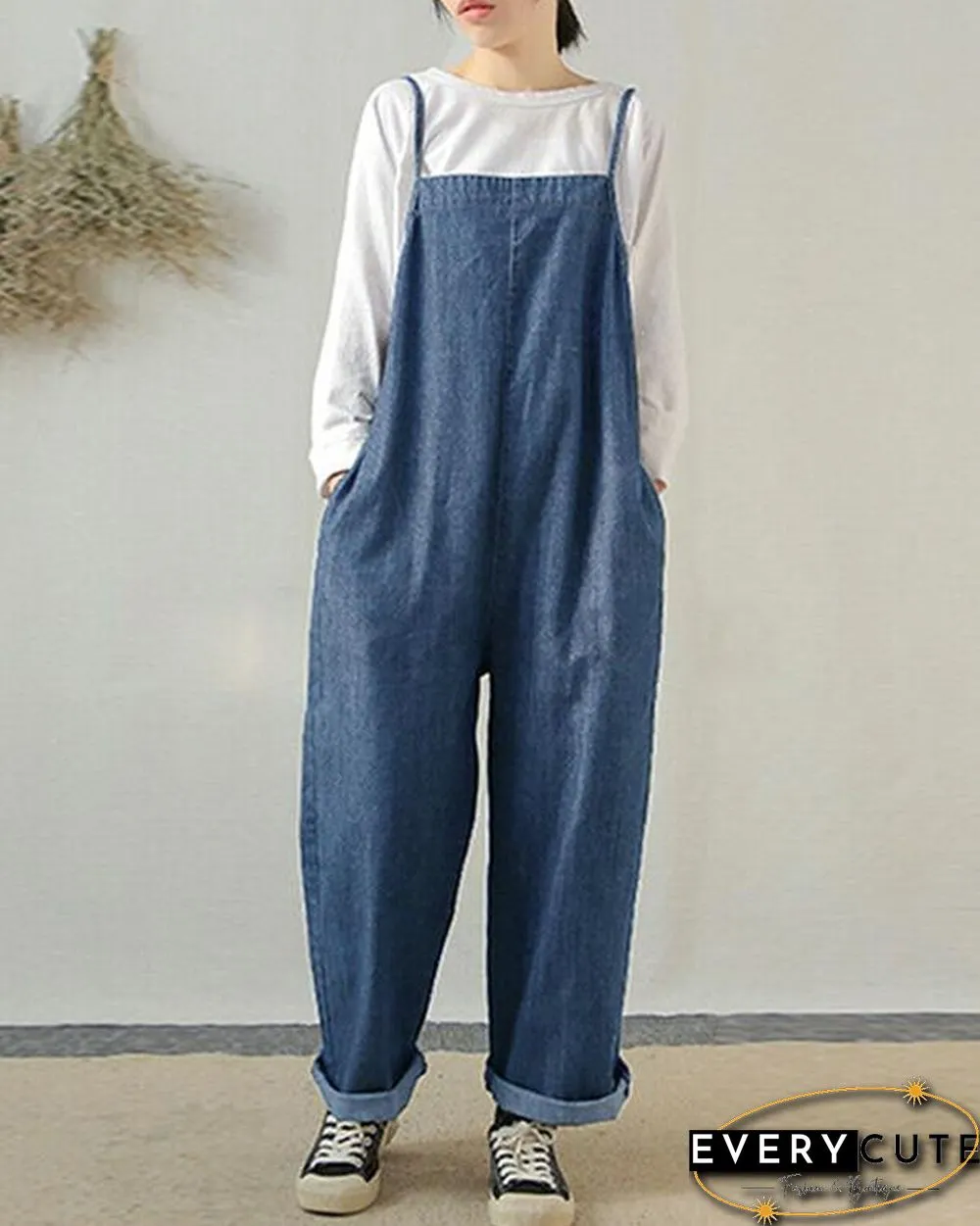 Women Sleeveless Wide Leg Cargo Pants Plain Casual Overalls Jumpsuit Romper