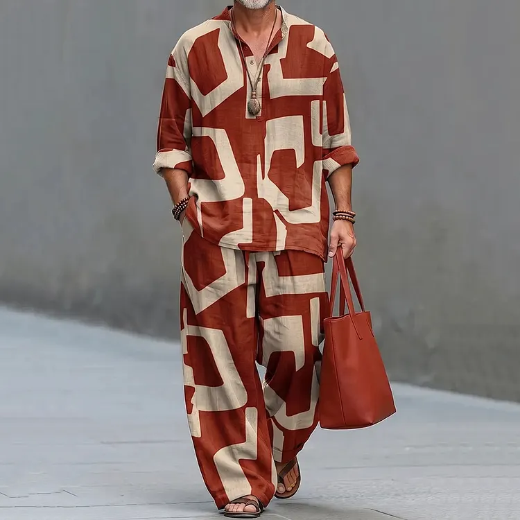 Men's Vintage Geometric Print Casual Shirt And Pants Two Piece Set