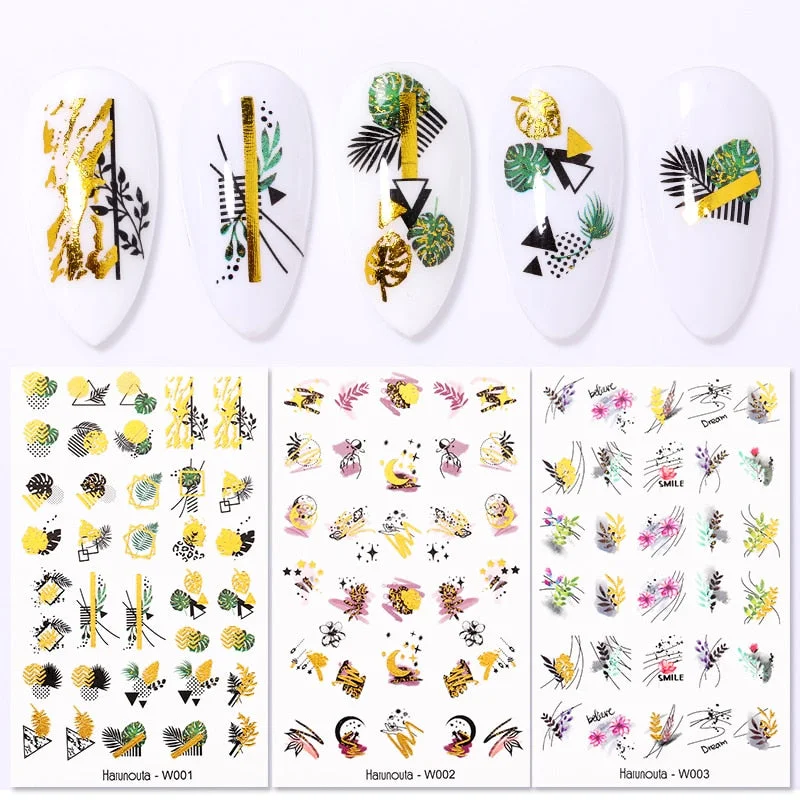 Harunouta Gold Water Nail Stickers Summer Flower Leaf Water Decals Slider Nail Foil Wraps Transfer Sticker Nail Art Decorarion-Nail Inspo