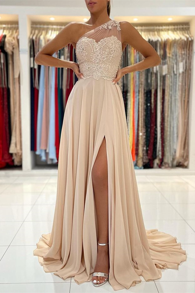 Modern One Shoulder Lace Appliques Prom Dress Chiffon With Slit - lulusllly