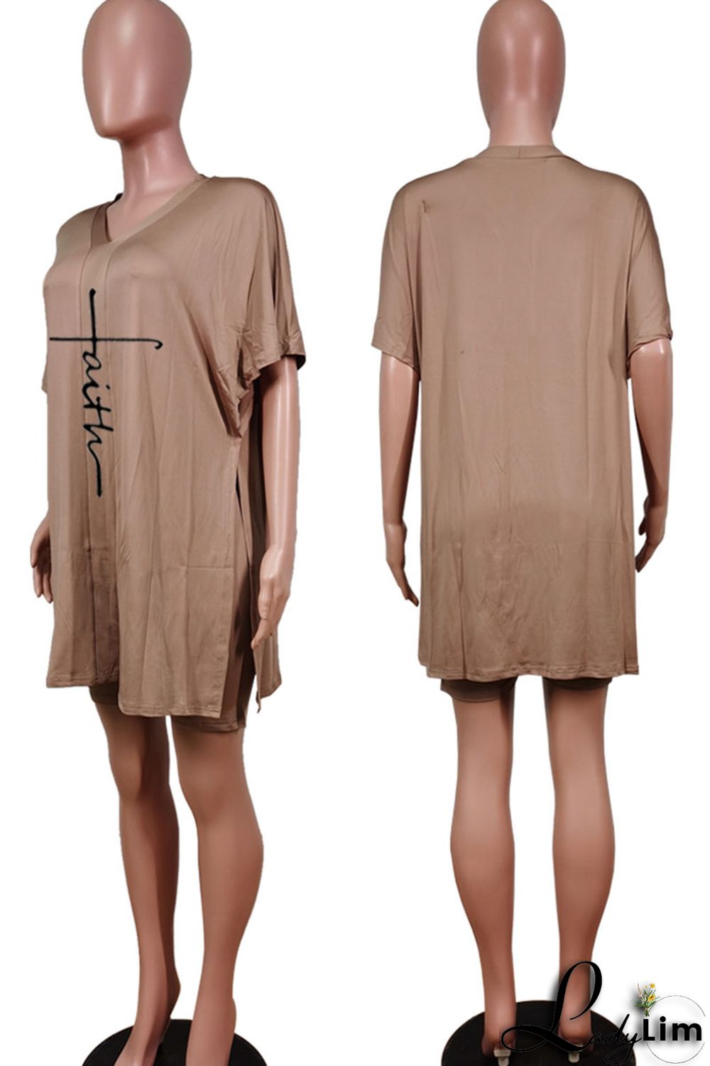 Tangerine Red Casual Print Split Joint V Neck Short Sleeve Two Pieces