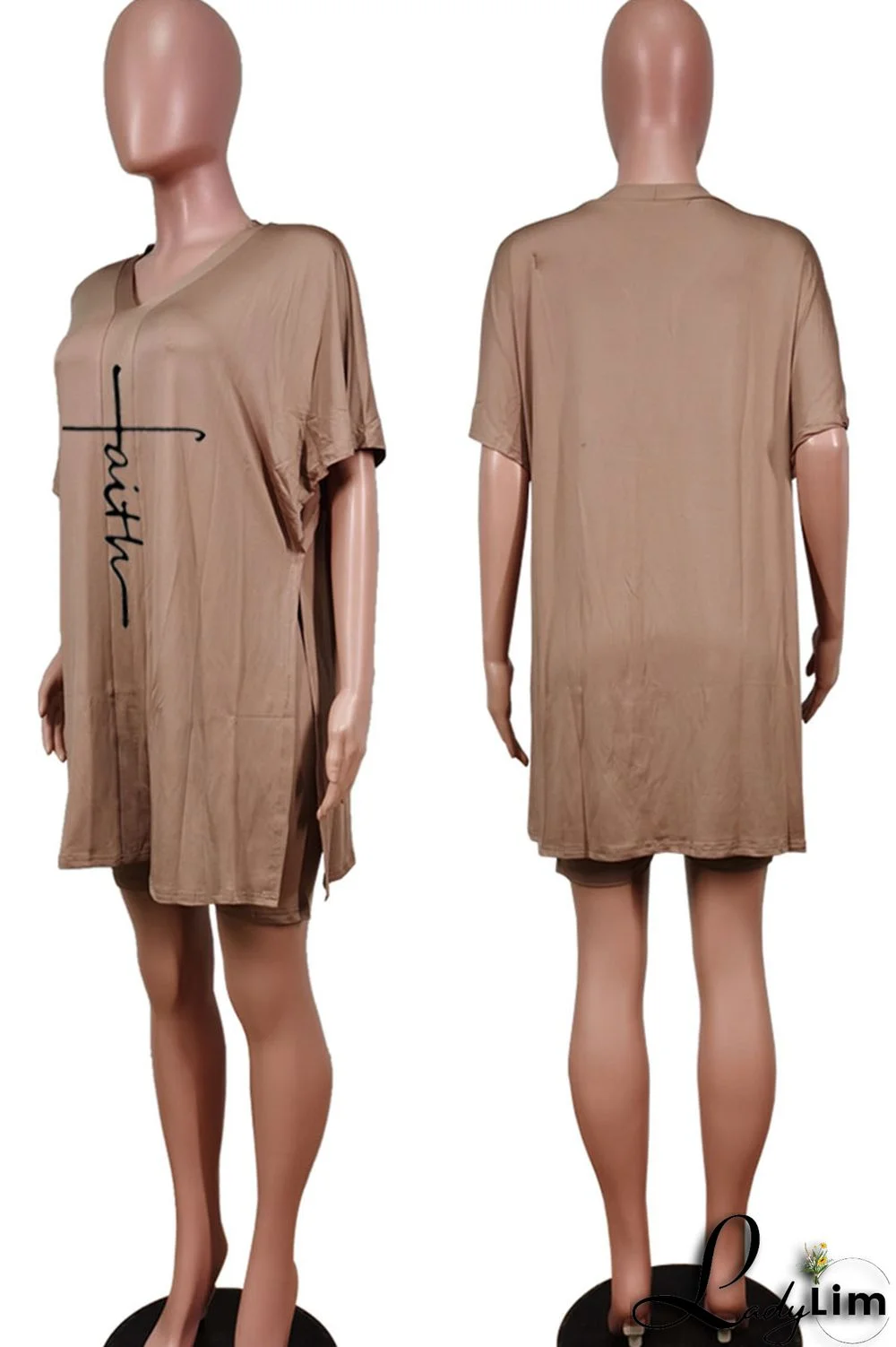 Tangerine Red Casual Print Split Joint V Neck Short Sleeve Two Pieces