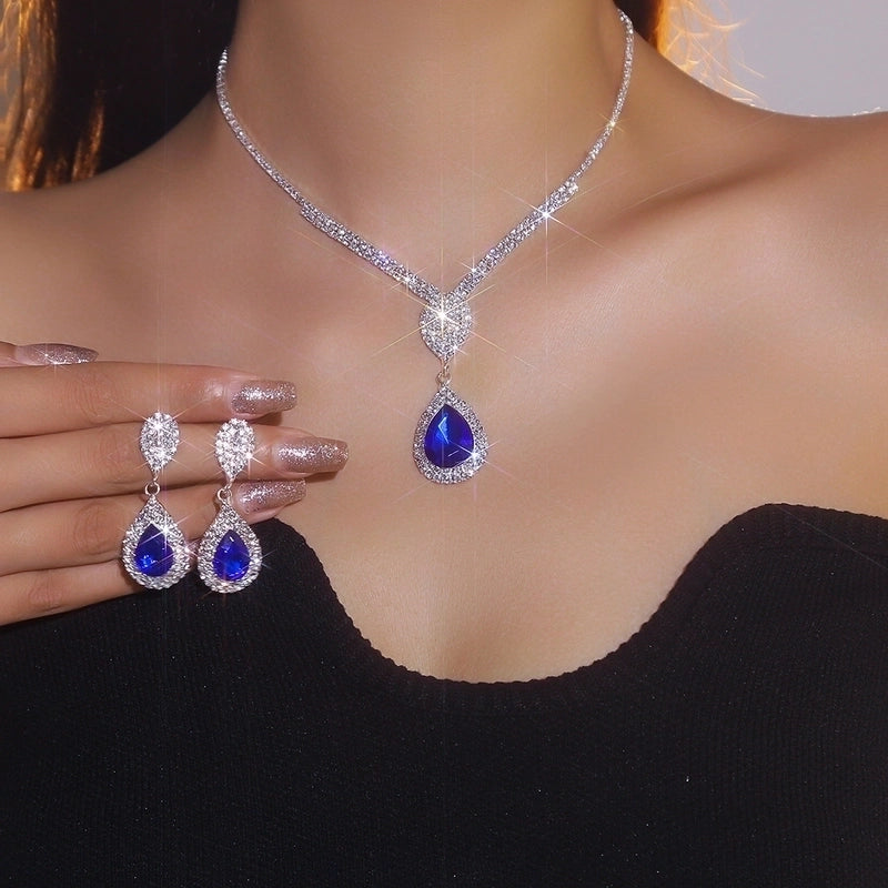 Rhinestone Copper Water Droplets Jewelry Set