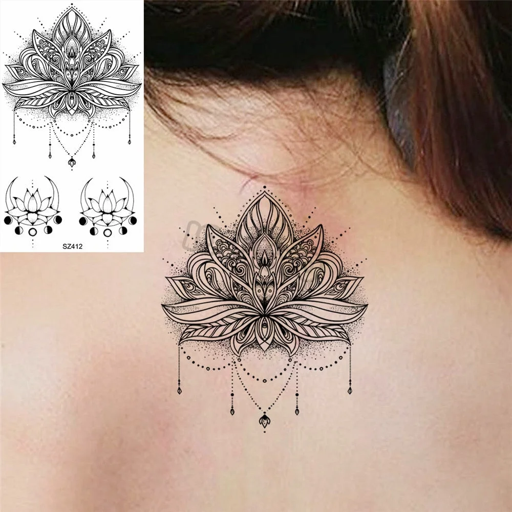 Black Pencil Sketch Henna Lotus Temporary Tattoos For Women Girls Realistic Planet Dandelion Fake Tattoo Sticker Back Arm Tatoos