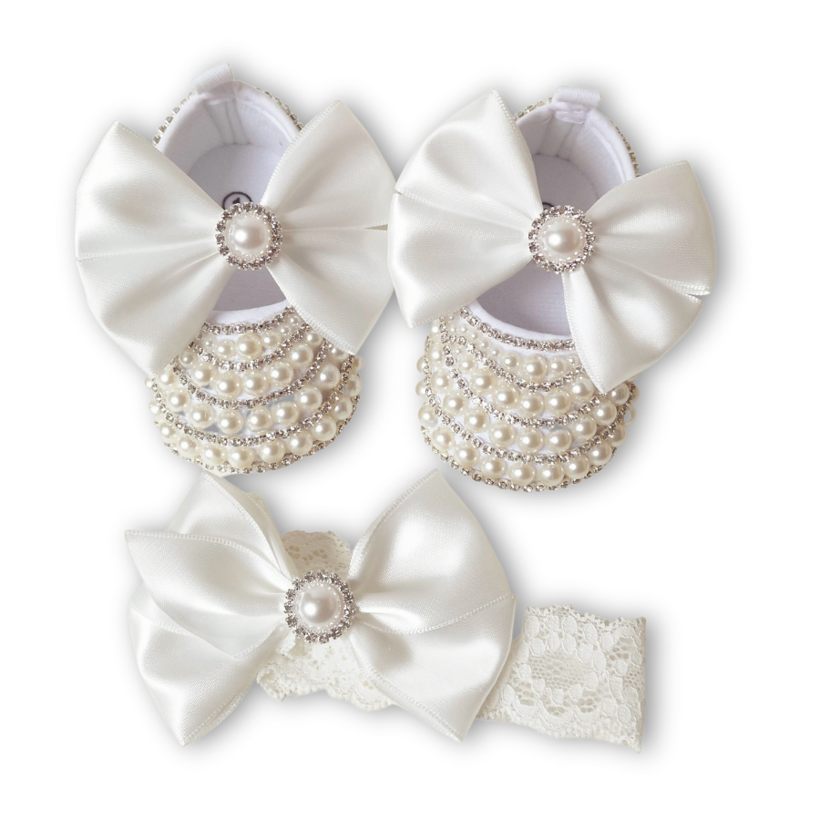 A Girl's Best Friend Handmade Rhinestone and Pearl Newborn Baby Shoes and Headband 