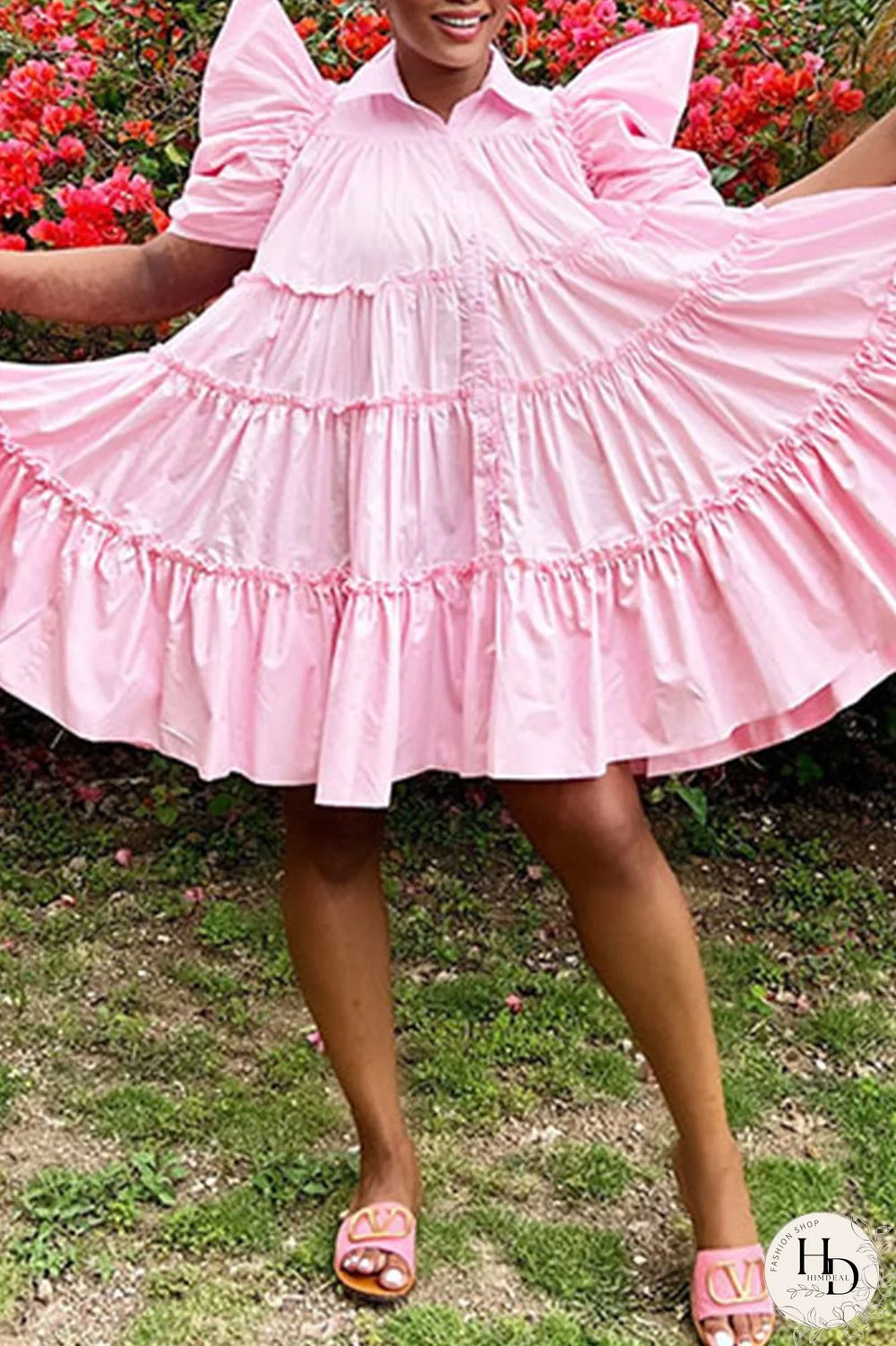 Pink Casual Solid Patchwork Buckle Fold Turndown Collar A Line Dresses