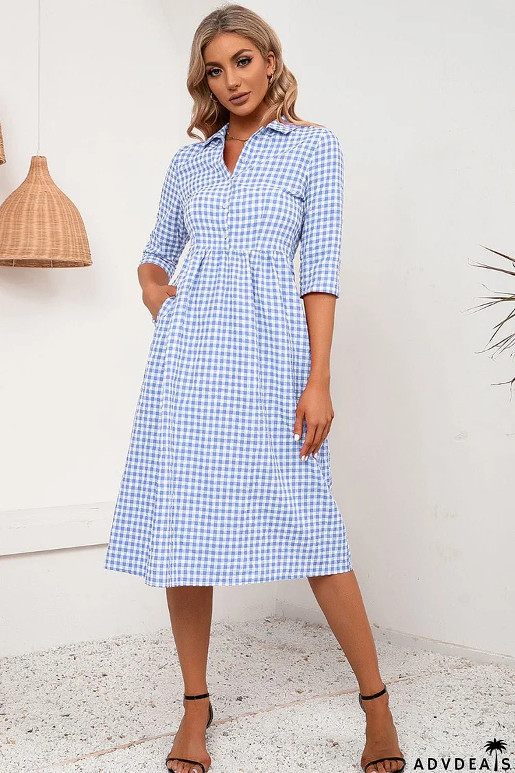 Plaid Collared Neck Midi Dress