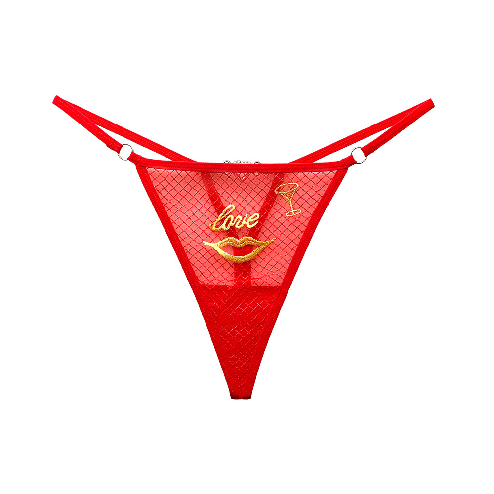 Lovingerie - "Love" Red Lips Sexy Embroidery Mesh Women Thong with Diamonds