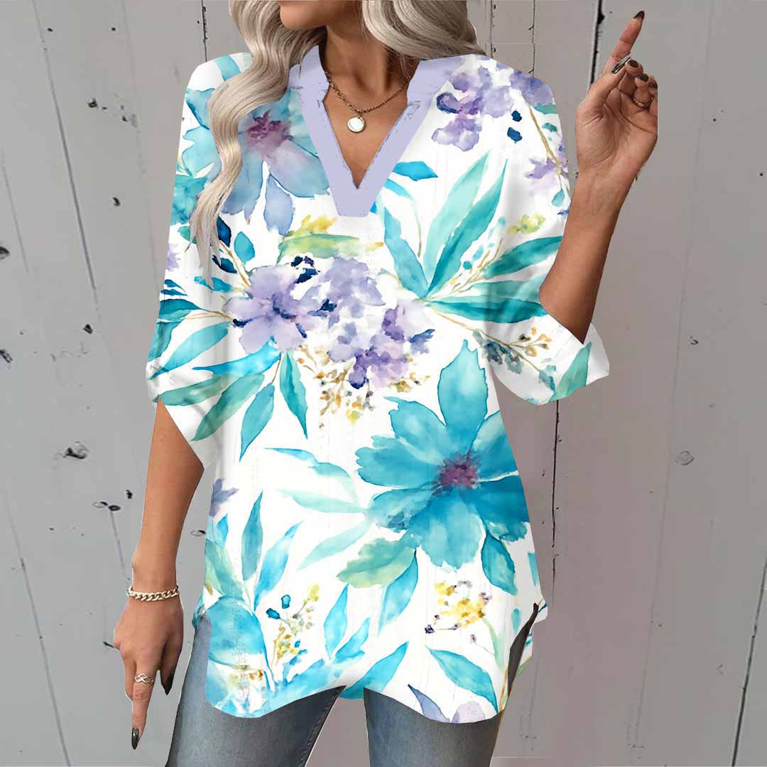 Women Floral,Green DZGA0033 3/4 Sleeve V-neck Printed Graphic Button Tops