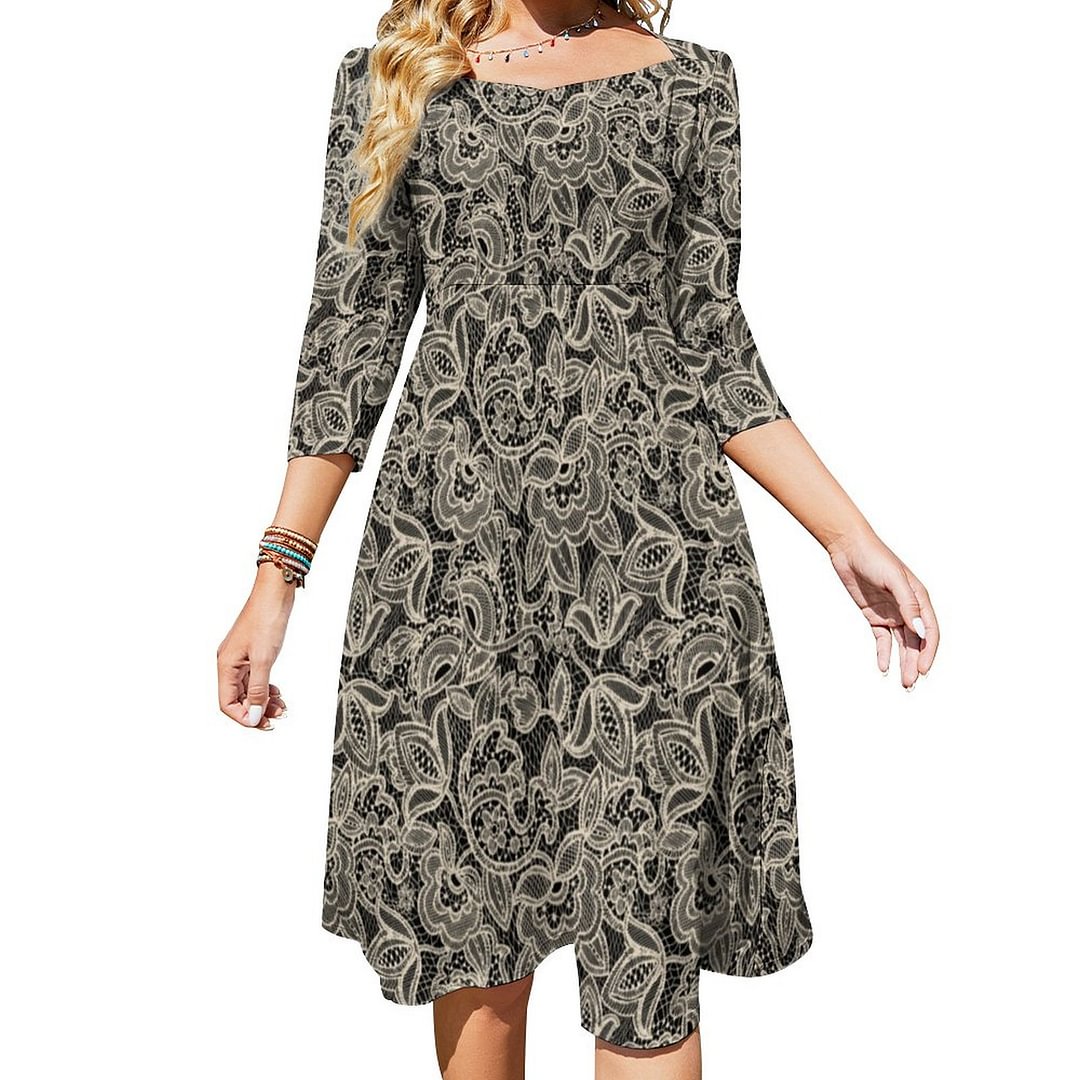 Black With Beige Floral Lace Pattern Dress Sweetheart Tie Back Flared 3/4 Sleeve Midi Dresses