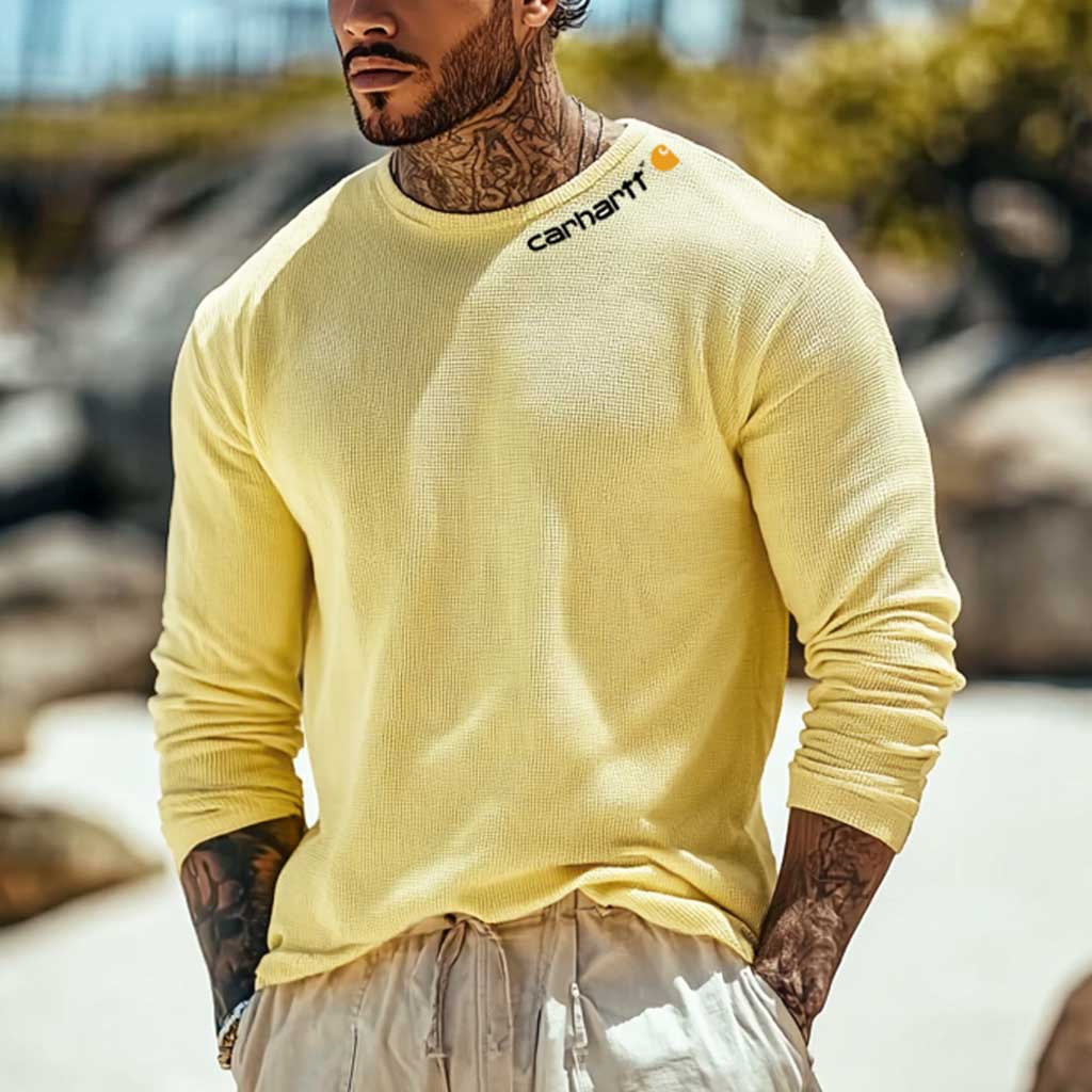 Men's Vintage Waffle Knit Surf Light Yellow Long Sleeve Crew Neck T-Shirt / TECHWEAR CLUB / Techwear
