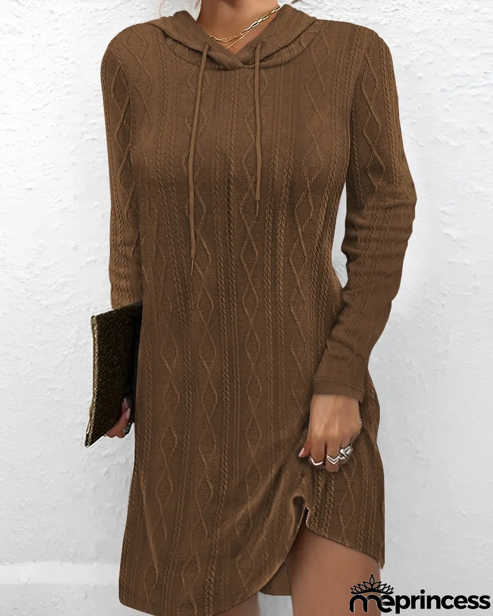 Elegant New Long-sleeved Hooded Solid Color Vintage Sweater Dress