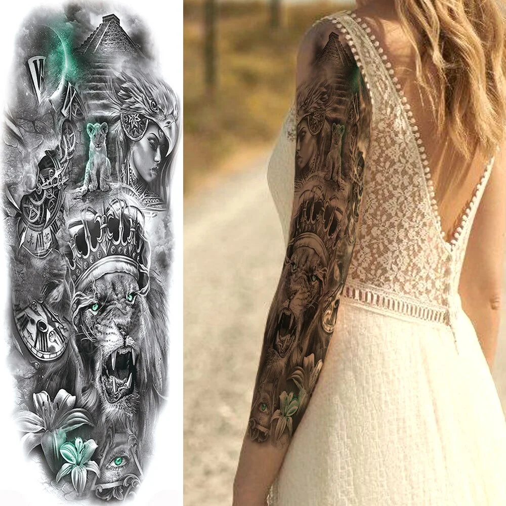 Sdrawing Military Wolf Temporary Tattoos Sleeve For Men Adult Fake 3D Lion Skull Tatoos Sticker Full Arm Warriors Tattoos For Show