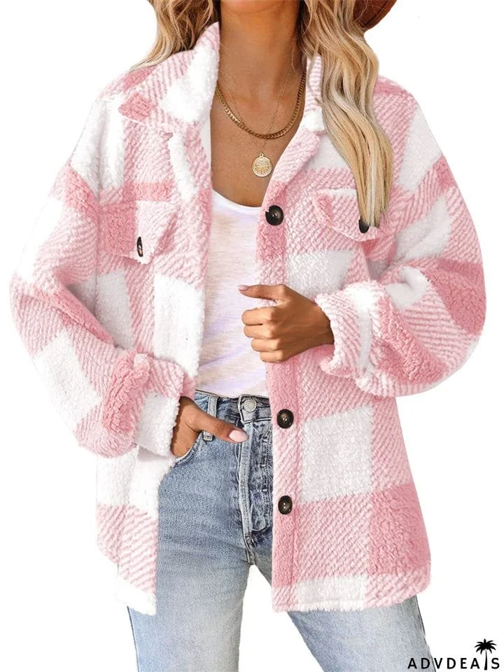 Female Casual Thermal Lapel Button Plaid Cashmere Coat