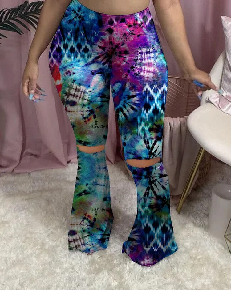 Leopard Color Block Hole Plus Size Flare Pants