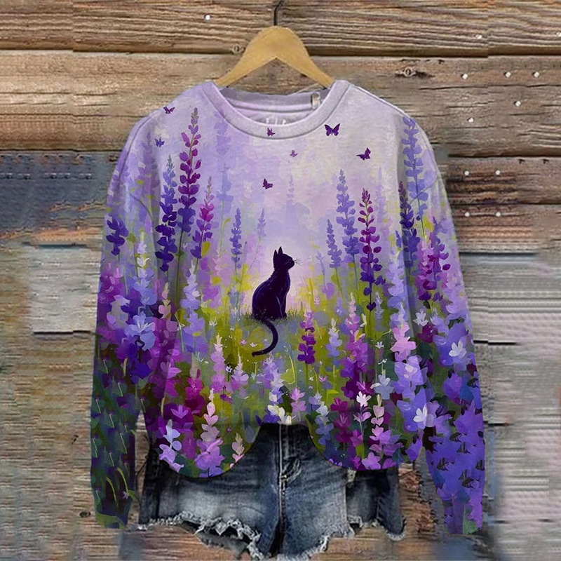 Comstylish Women's Animal Forest Cat Graphic Print Comfortable Sweatshirt
