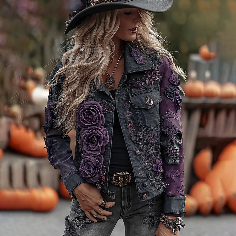 Vintage Halloween Black And Purple Rose Gothic Art Denim Jacket